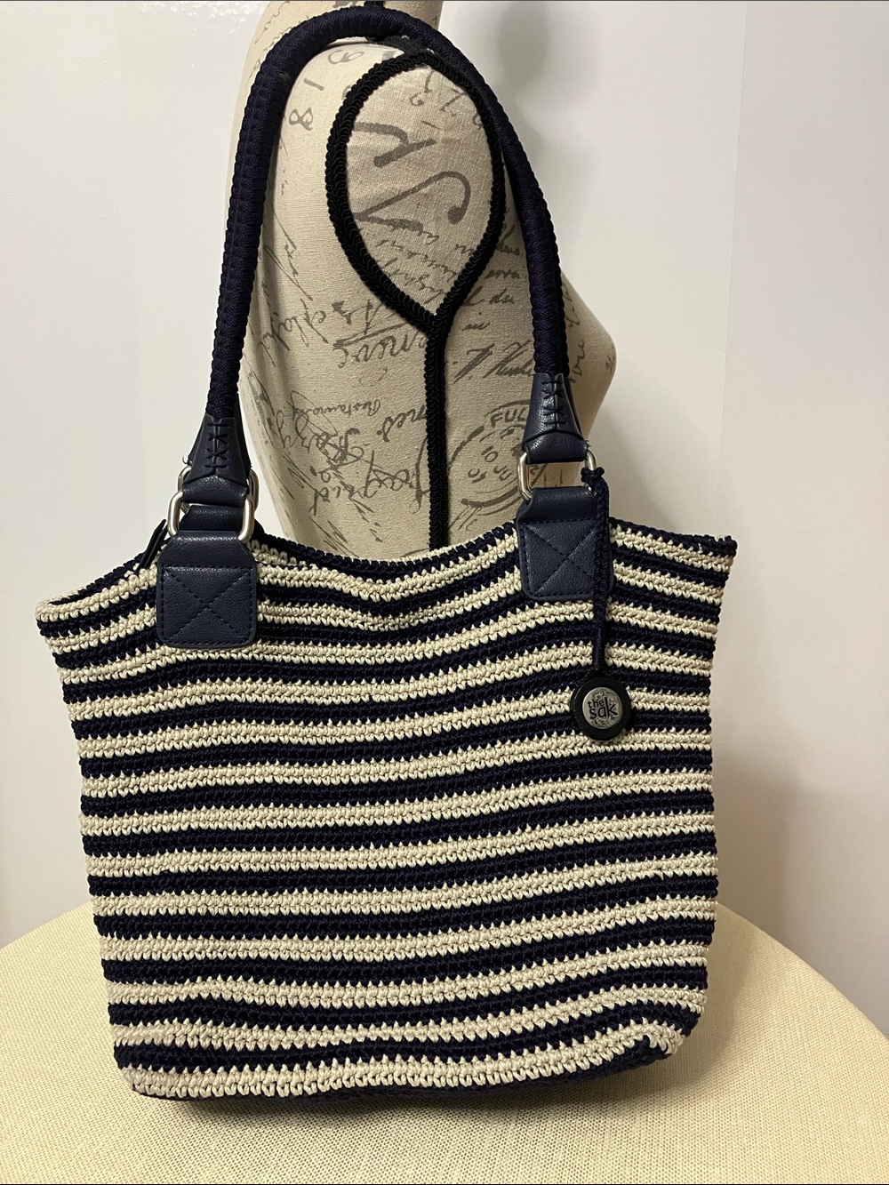 The Sak Cambria Large Navy Stripe Crochet Knit Hobo Tote Bag